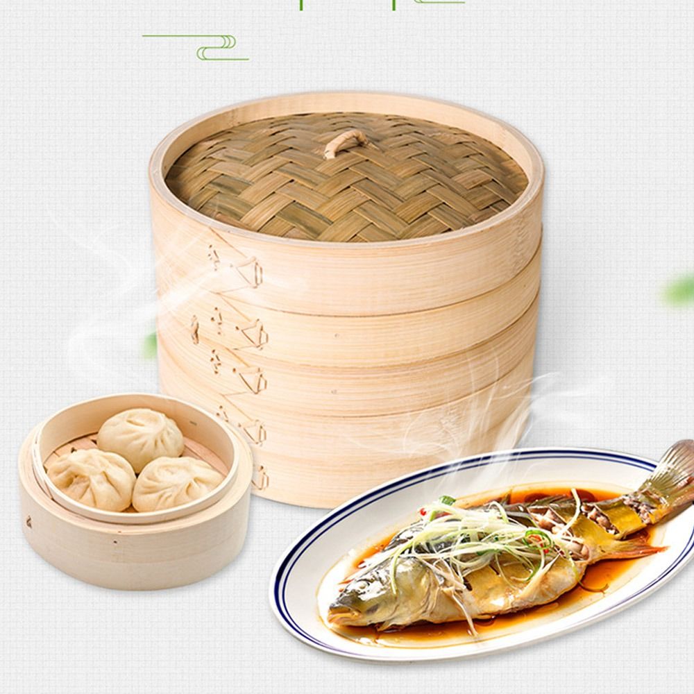 Bao Steamer Bamboo - Chinesischer Bambus-Dampfgarer mit Deckel zum Kochen